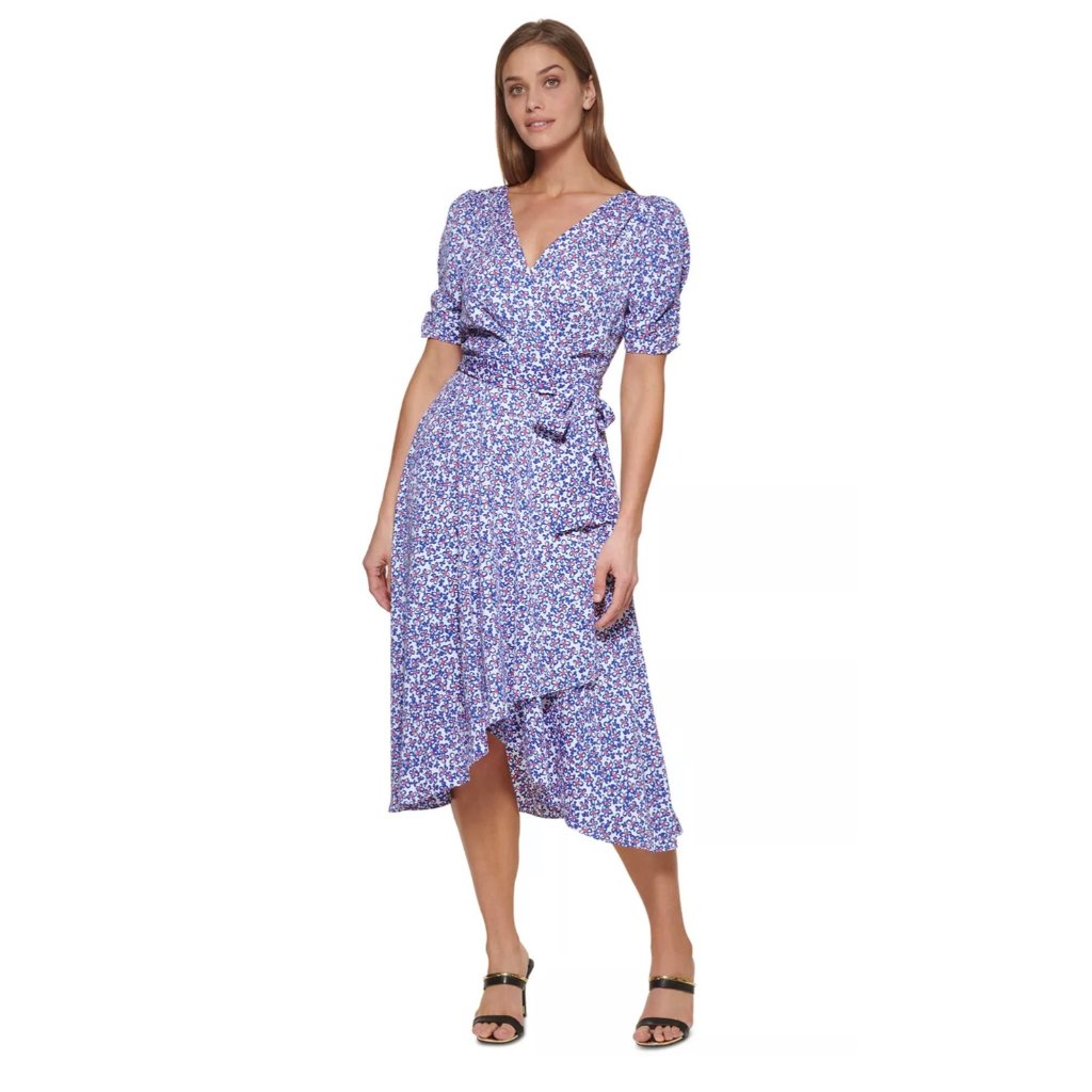 Dkny Floral-Print Faux-Wrap Ruffle Trim Ruched Sleeves Midi Dress 12
